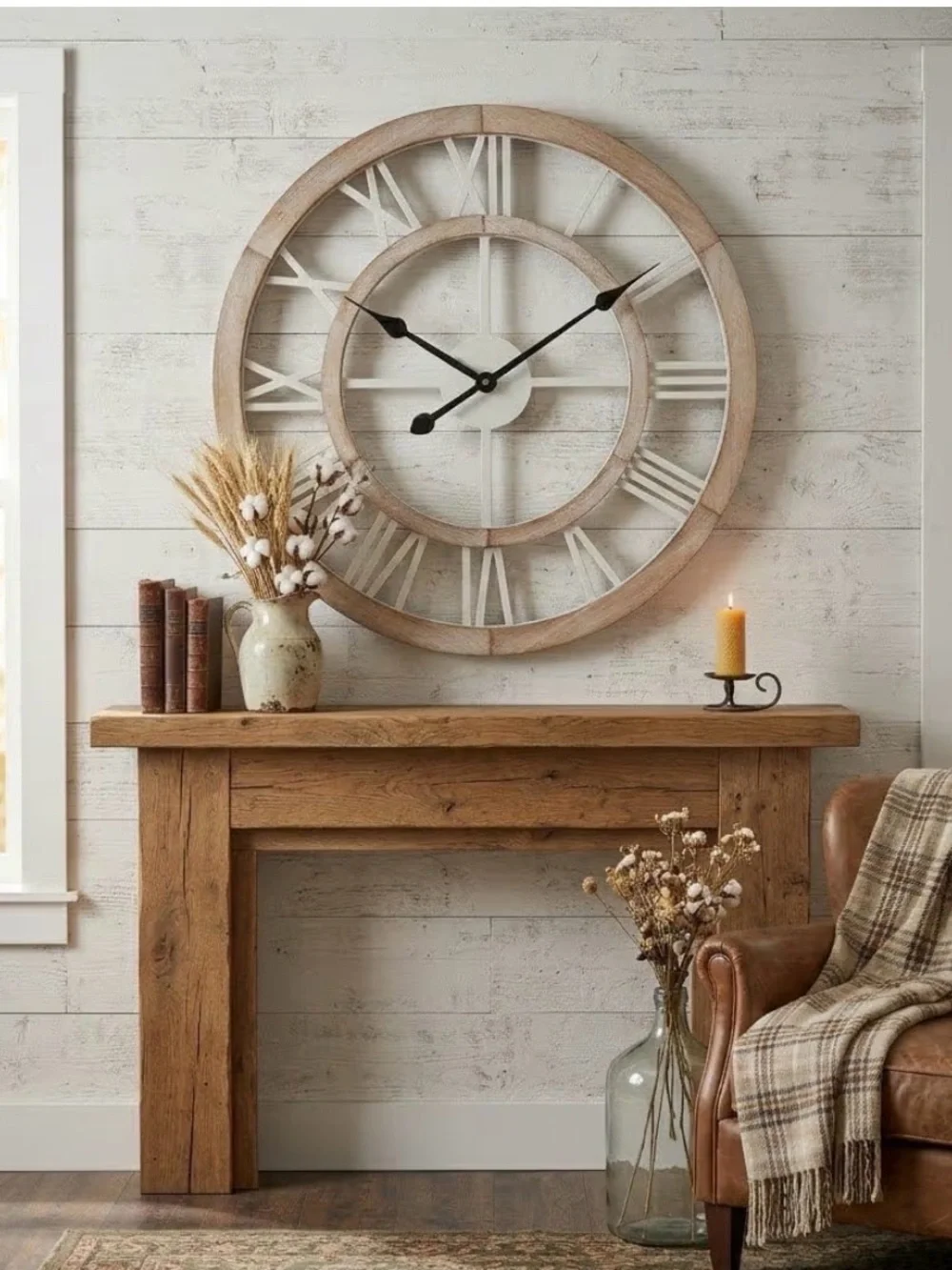 24”Large Rustic Wooden Wall Clock Silent Non-Ticking Farmhouse Decor Light Ivory